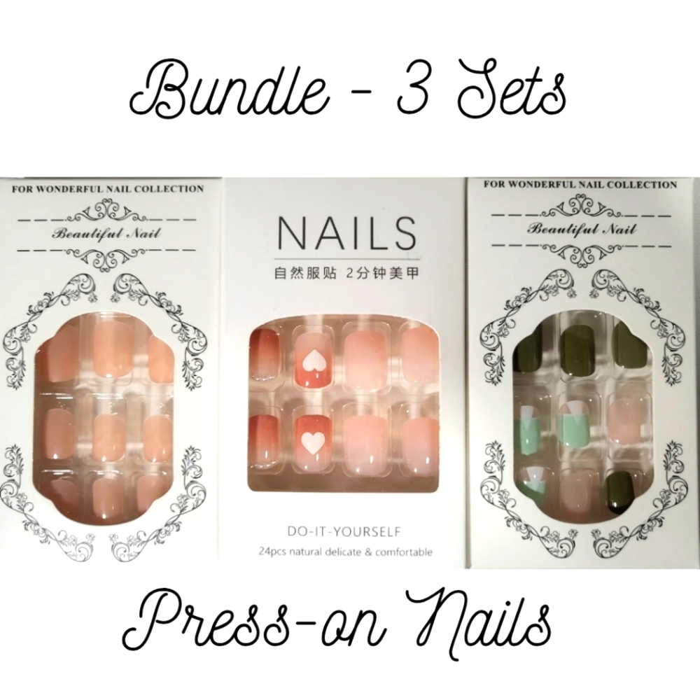 Bundle of (3) Short-Length, Square -Shaped Press-On Nail Sets